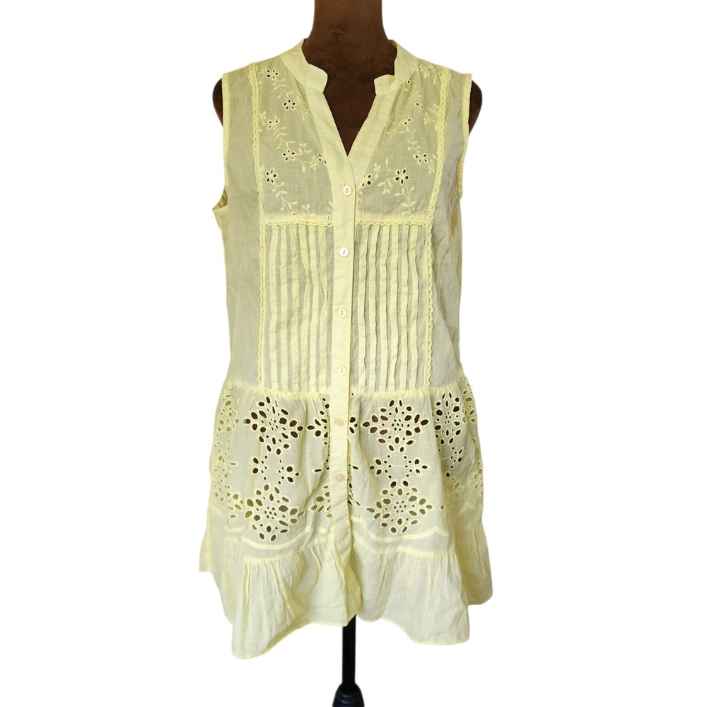 Wayan Natural Wear Women's Top Size L‎ 100% Cotton Tunic Eyelet Yellow Tank